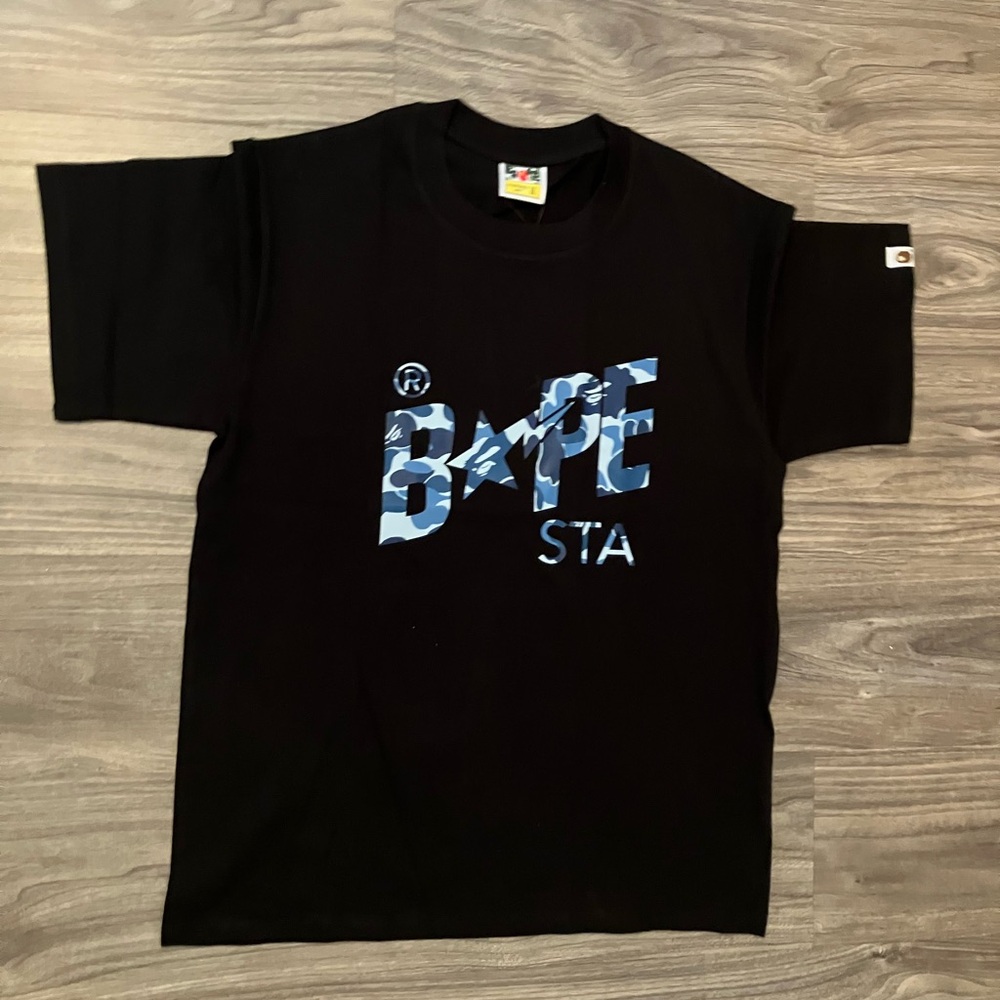Bape Black Tee with Blue Camo Logo